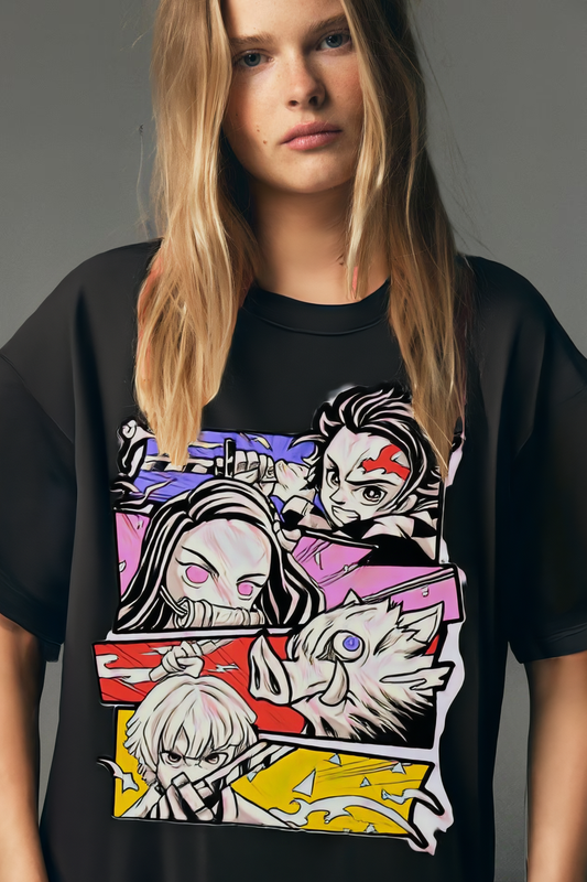 Demon Slayer Unisex Oversized Black T-Shirt-026-BL
