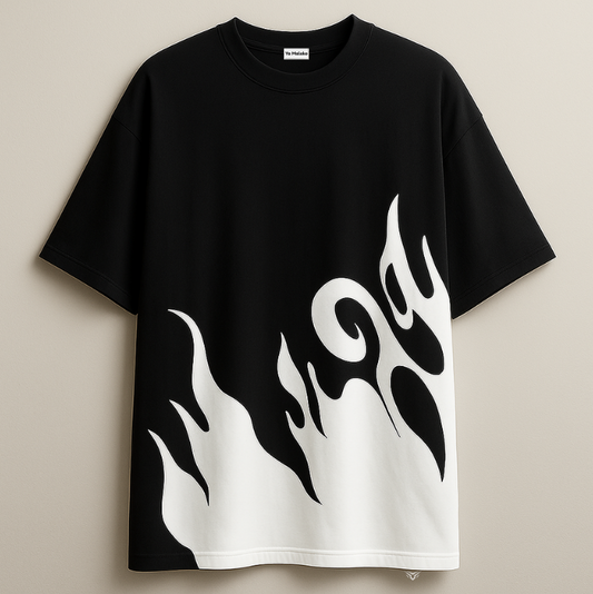 Flame Print Oversized Black Tee Unisex Fit-SP-003-BL