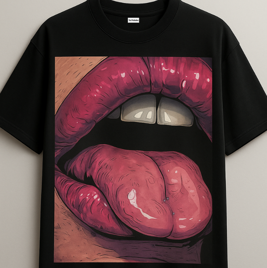 Red Lips Vampire Oversized Black Tee-DP-005-BL