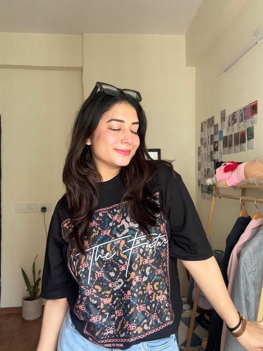 Oversized Black Graphic Print Unisex Tee-DP-017-BL