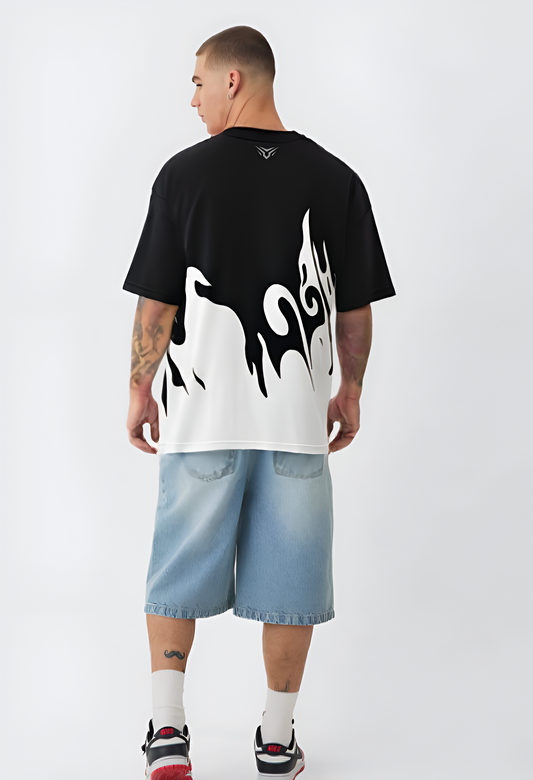 Flame Print Oversized Black Tee Unisex Fit-SP-003-BL