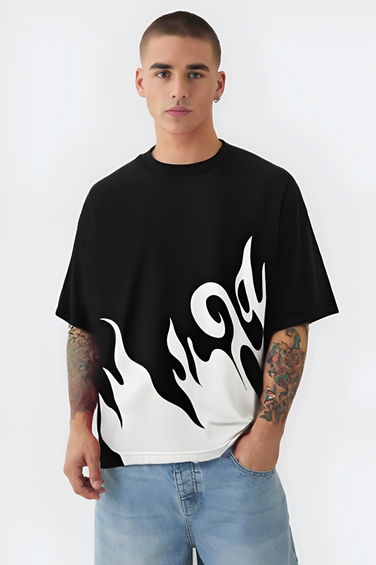 Flame Print Oversized Black Tee Unisex Fit-SP-003-BL